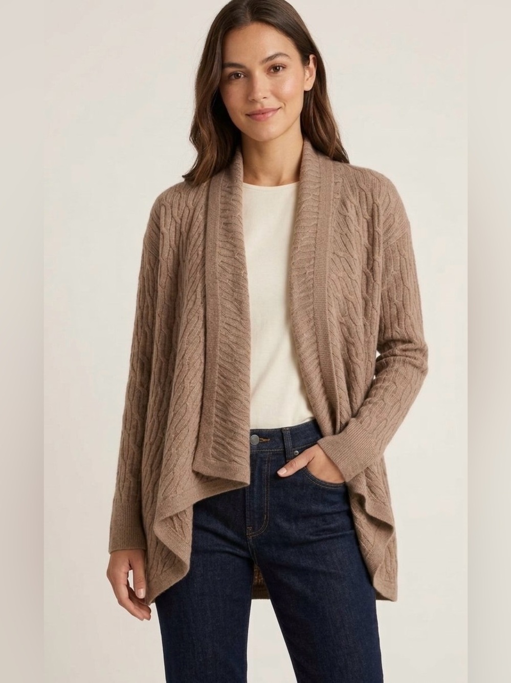 Jennie Liu Large 100% Pure Cashmere 4-Ply Cable-Knit Drape-Front Open Cardigan
